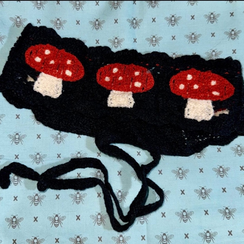 Crochet Mushroom Cottagecore Headband Tieon Black Band Red & White Mushrooms